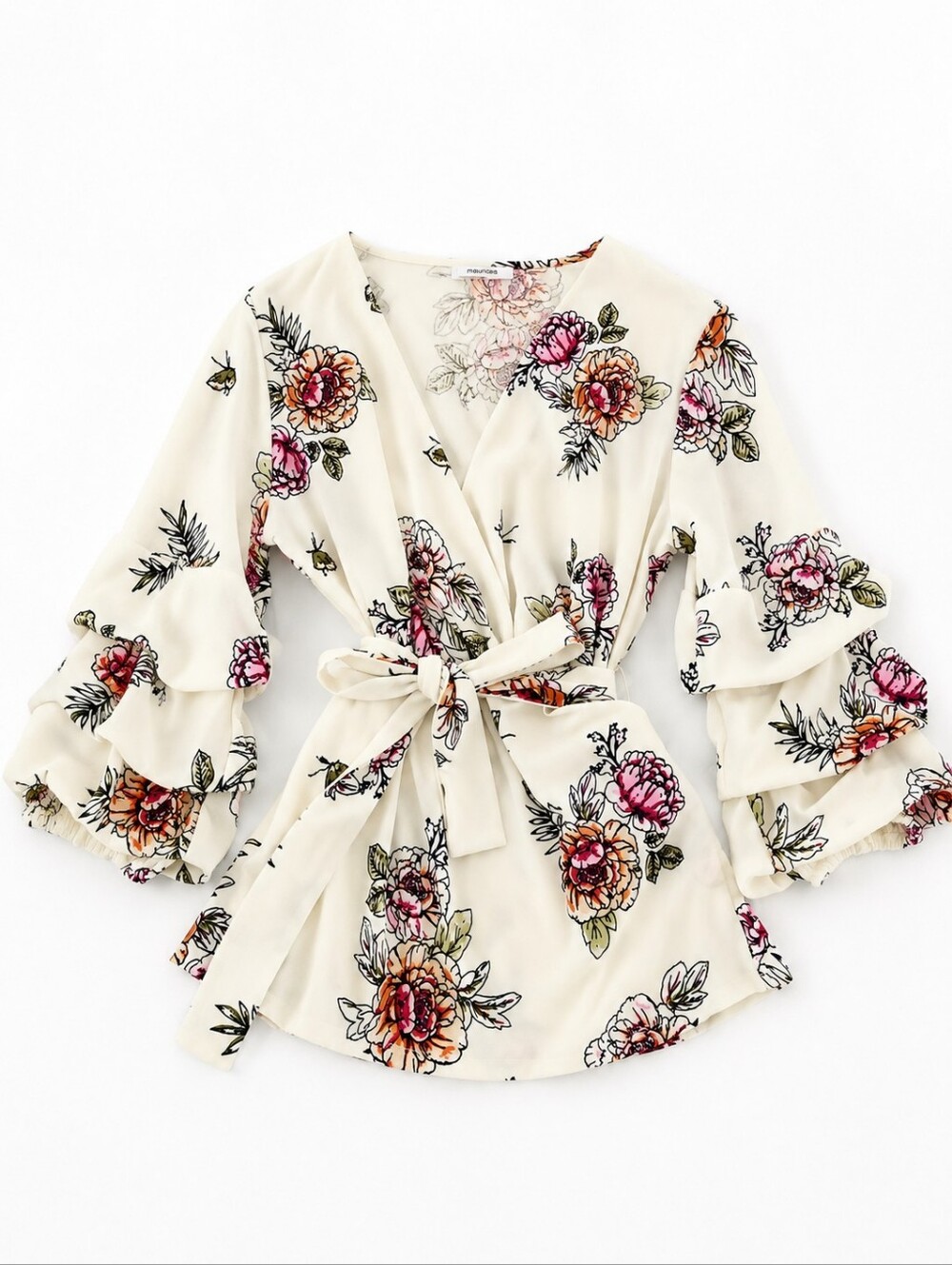 Maurices Floral Wrap Blouse XL | Bell Sleeve Tie-Waist Top | Ivory Floral